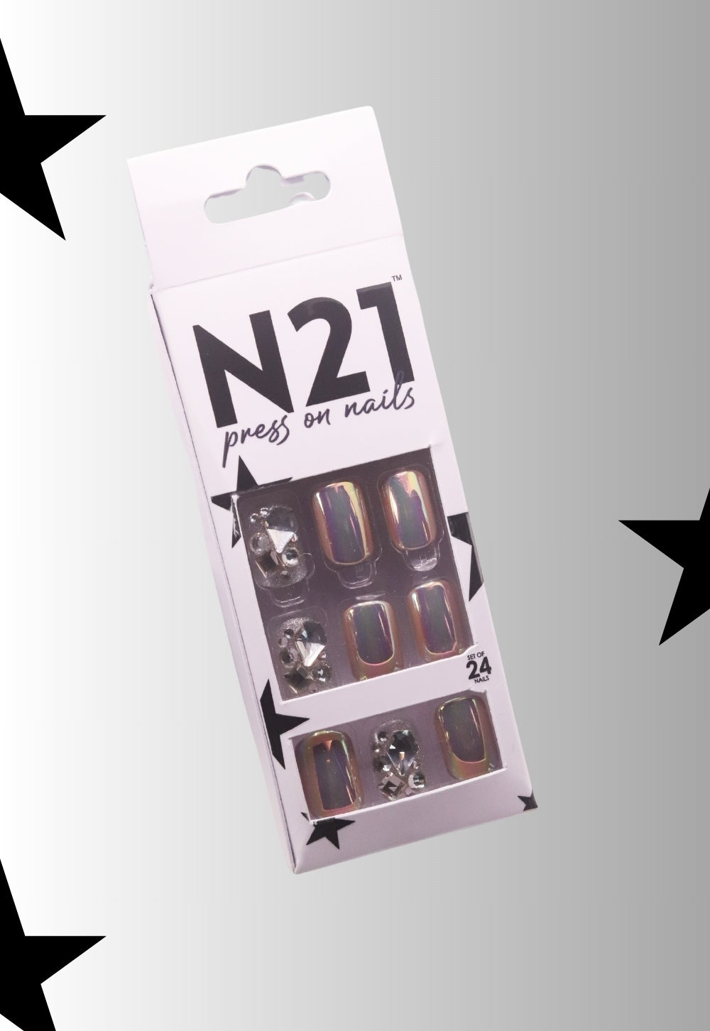 Diamond Press-On Nails – Medium Squoval Holographic Chrome Nails with Rhinestones