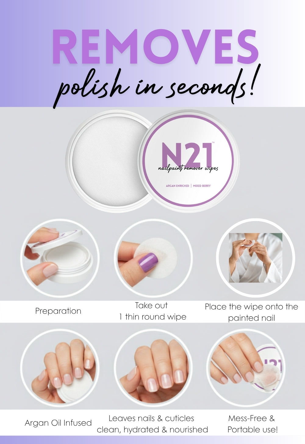 Nail Paint Remover Wipes with Argan Oil – Quick, Mess-Free Polish Removal (Berry Scented)