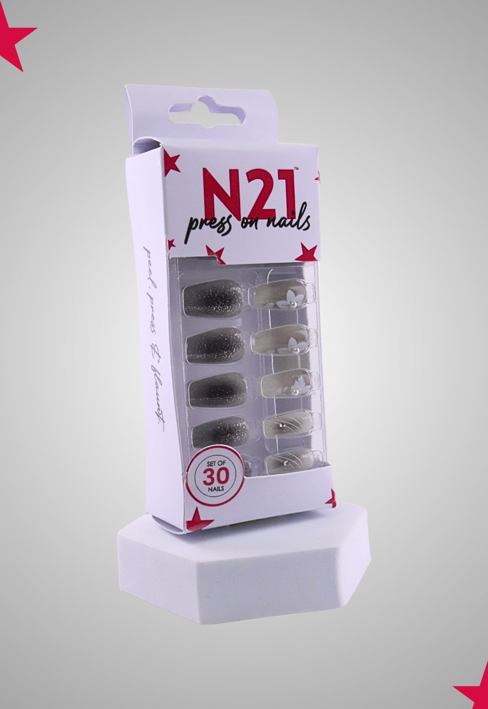 Silver Petal Press-On Nails (Set of 30) | Elegant Nude & Silver Chrome Nails