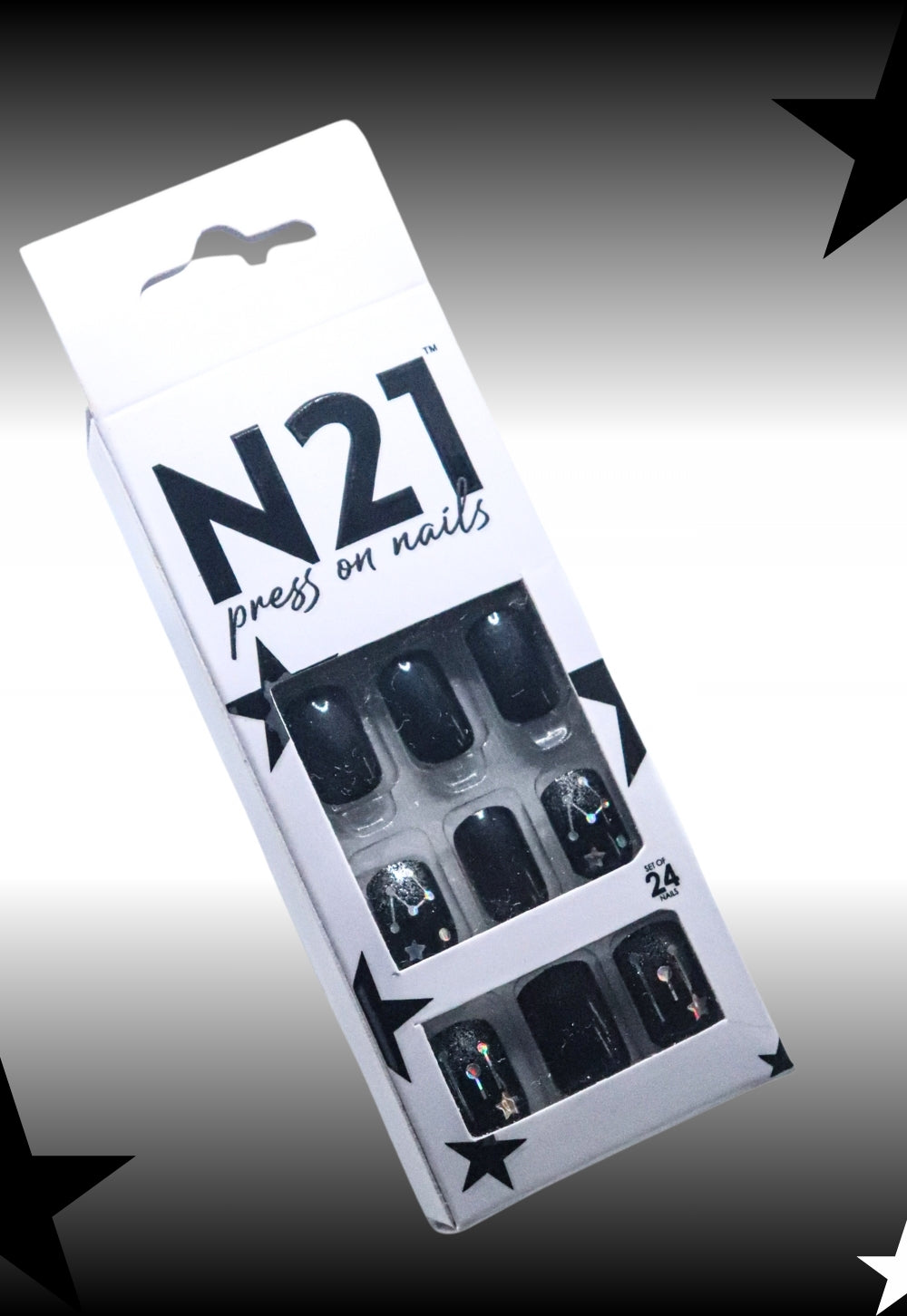 Starry Nights Press-On Nails – Medium Squoval Black Glitter Nails