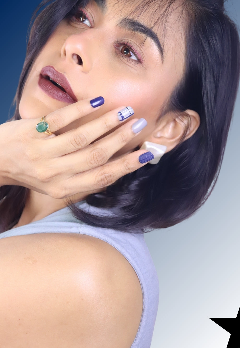 Steelblue Press-On Nails – Medium Squoval Navy Blue Plaid Nails