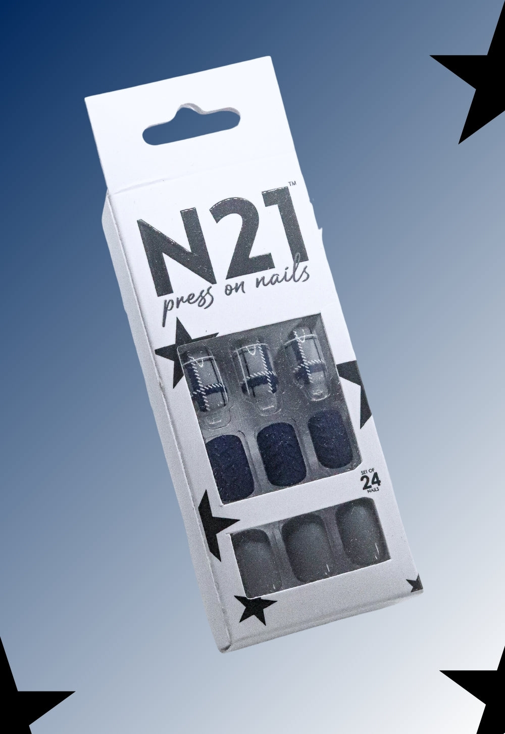 Steelblue Press-On Nails – Medium Squoval Navy Blue Plaid Nails