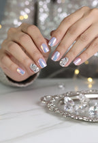 Diamond Press-On Nails – Medium Squoval Holographic Chrome Nails with Rhinestones