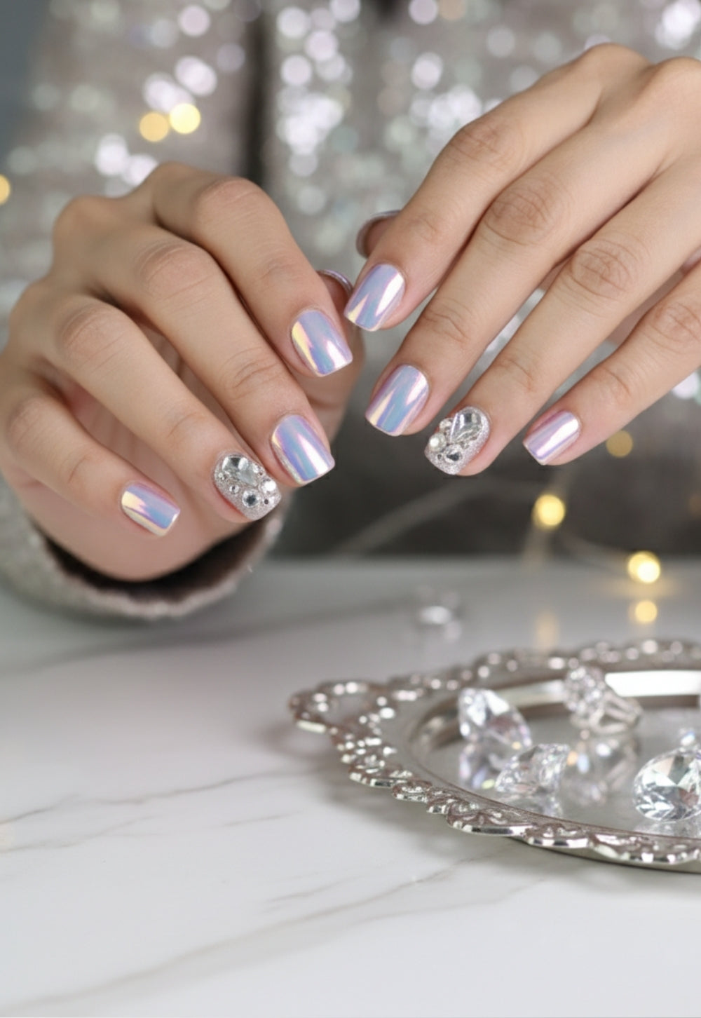 Diamond Press-On Nails – Medium Squoval Holographic Chrome Nails with Rhinestones