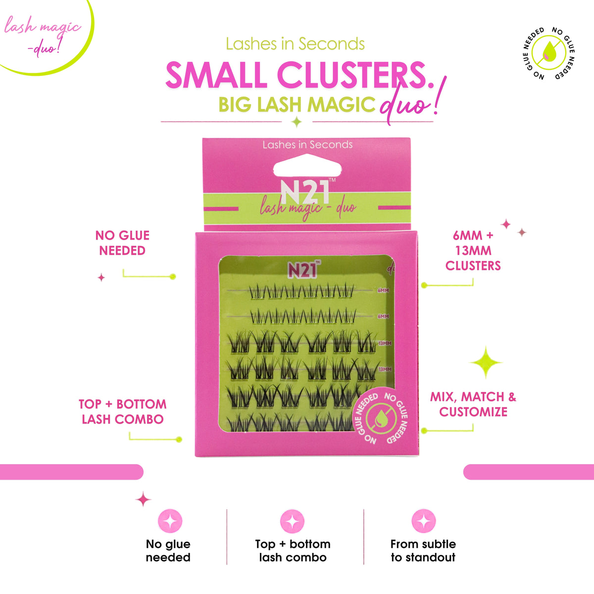N21™ Lash Magic Duo No-Glue Top + Bottom Lash Clusters (6mm & 13mm), 36 Pieces