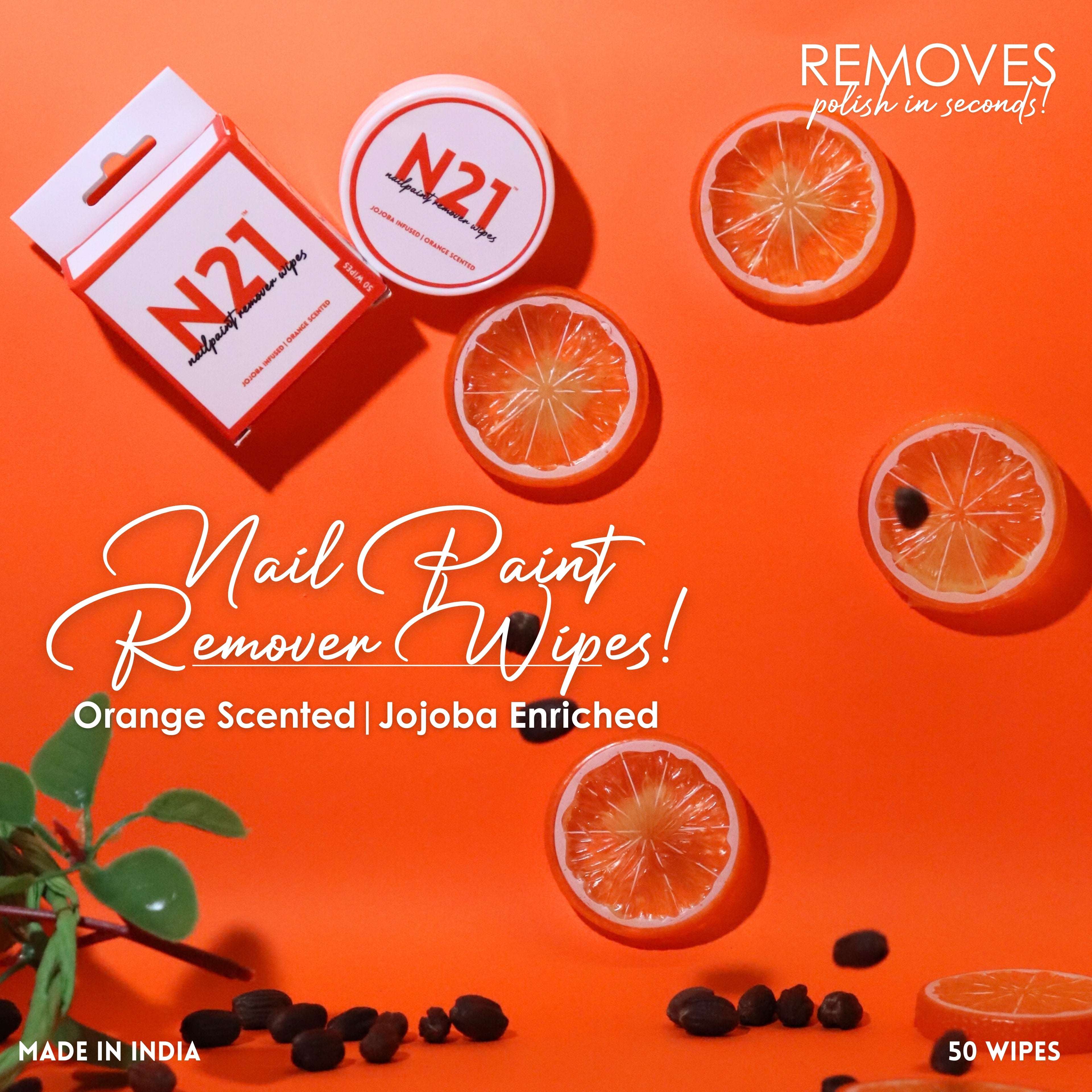 N21 Nail Polish Remover Wipes | Removes Polish in Seconds | Orange Scented + Jojoba | 50 Wipes