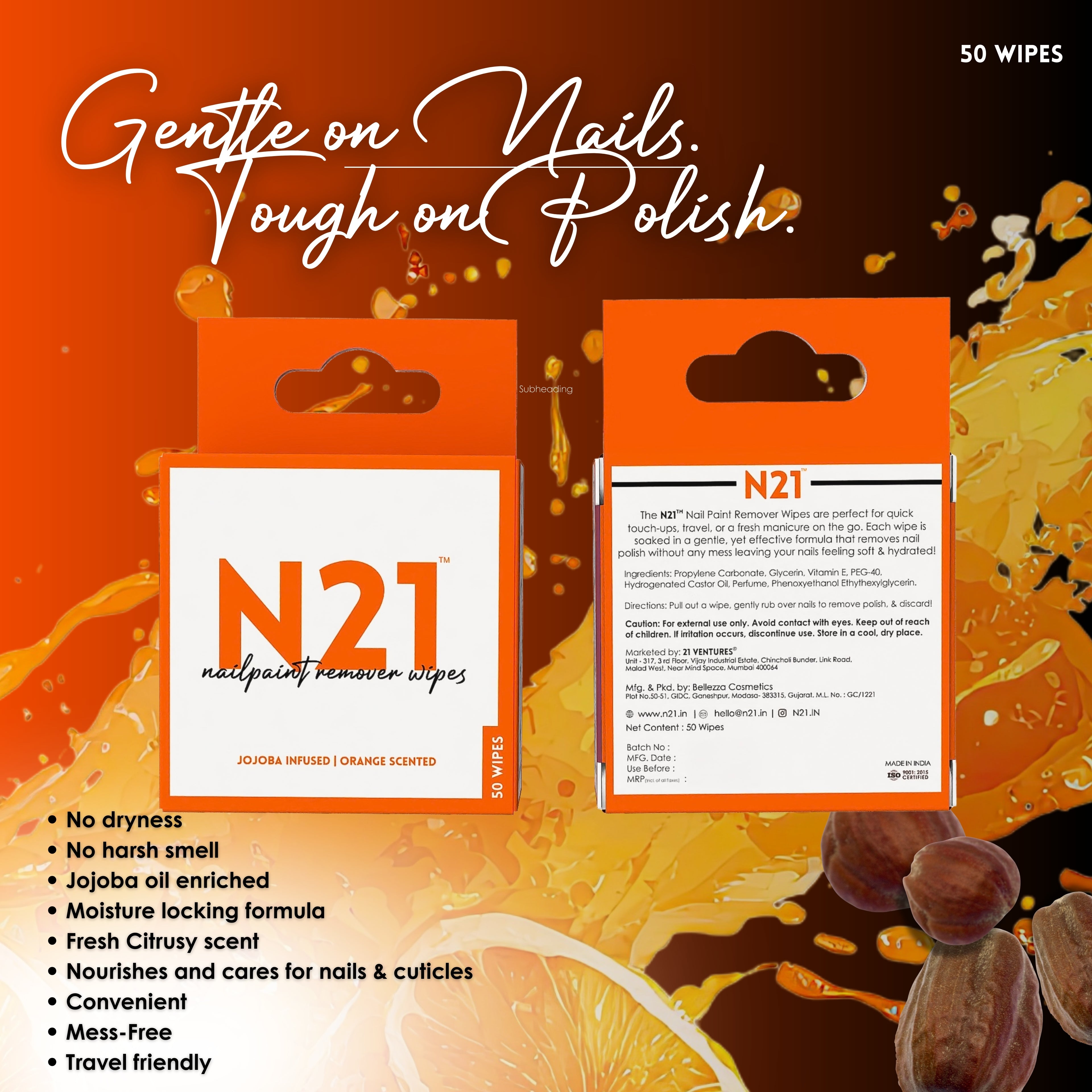 N21 Nail Polish Remover Wipes | Removes Polish in Seconds | Orange Scented + Jojoba | 50 Wipes