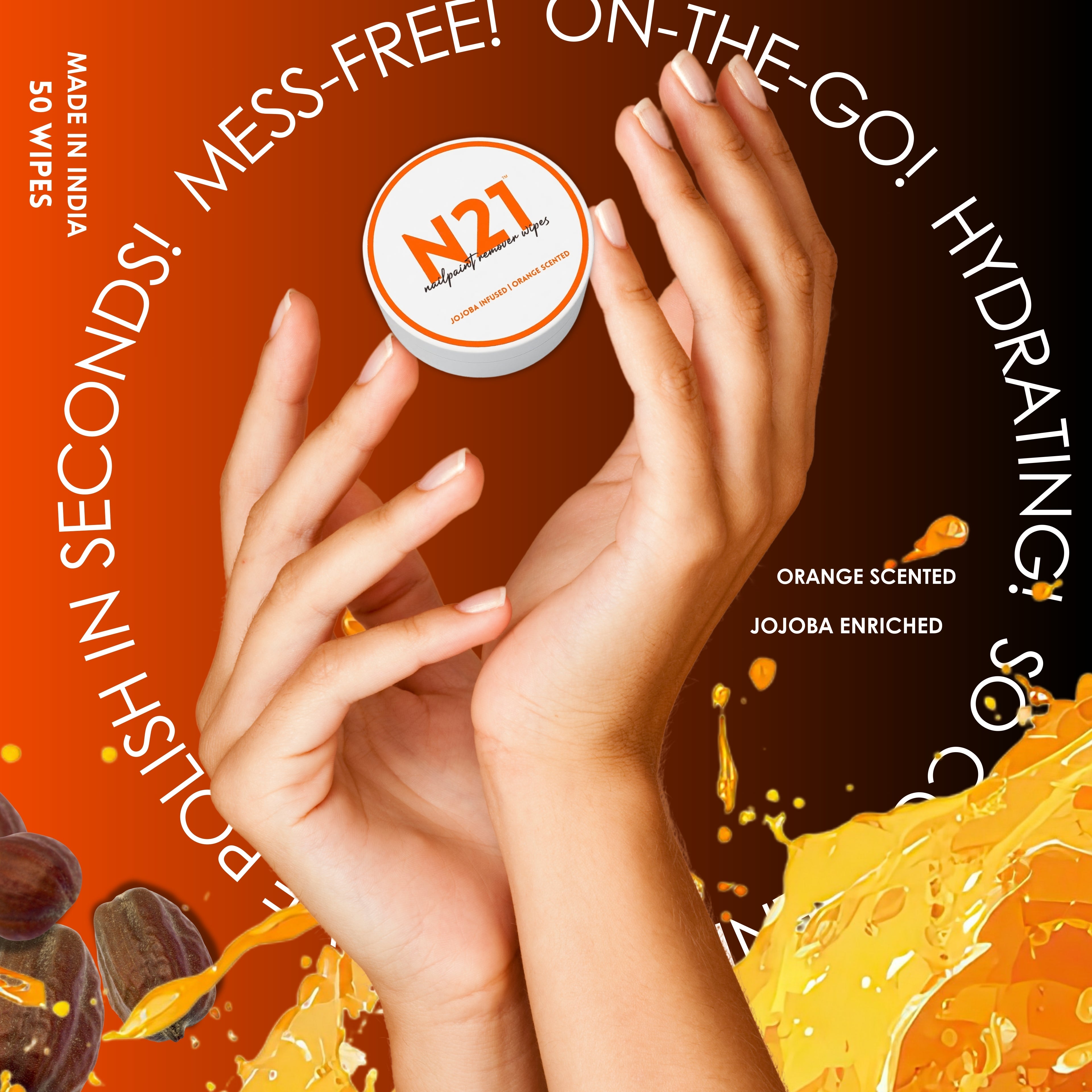 N21 Nail Polish Remover Wipes | Removes Polish in Seconds | Orange Scented + Jojoba | 50 Wipes