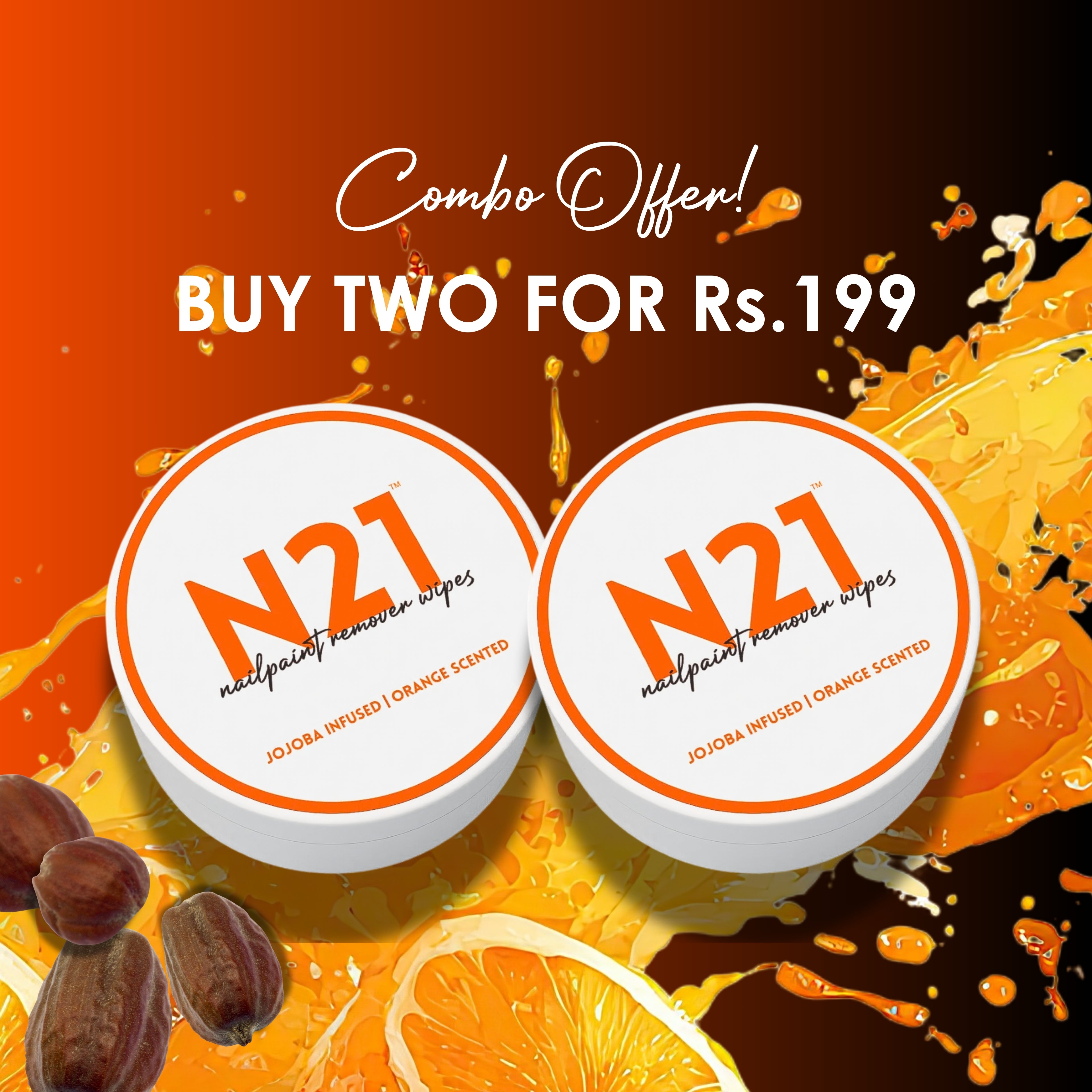 N21 Nail Polish Remover Wipes | Removes Polish in Seconds | Orange Scented + Jojoba | 50 Wipes