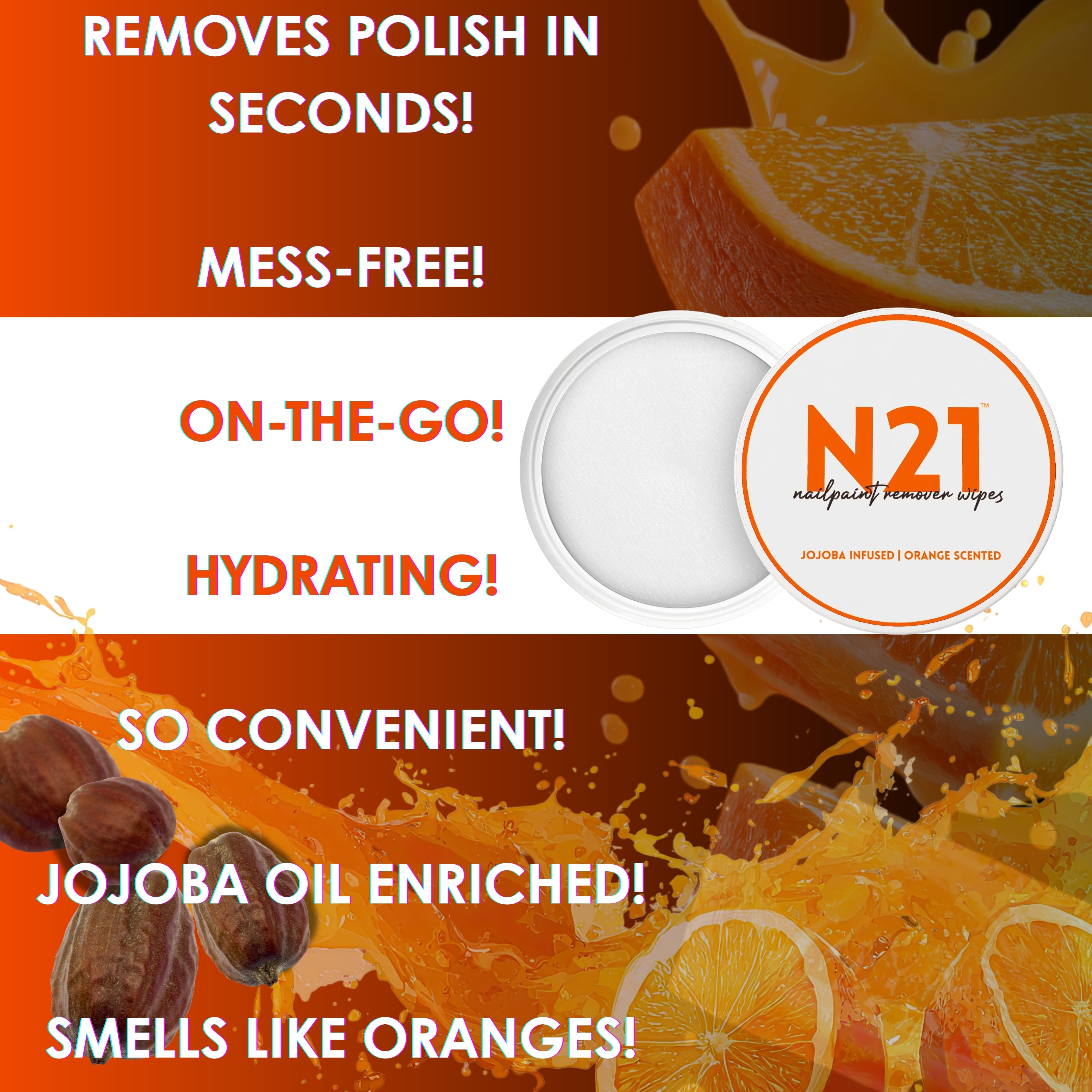 N21 Nail Polish Remover Wipes | Removes Polish in Seconds | Orange Scented + Jojoba | 50 Wipes