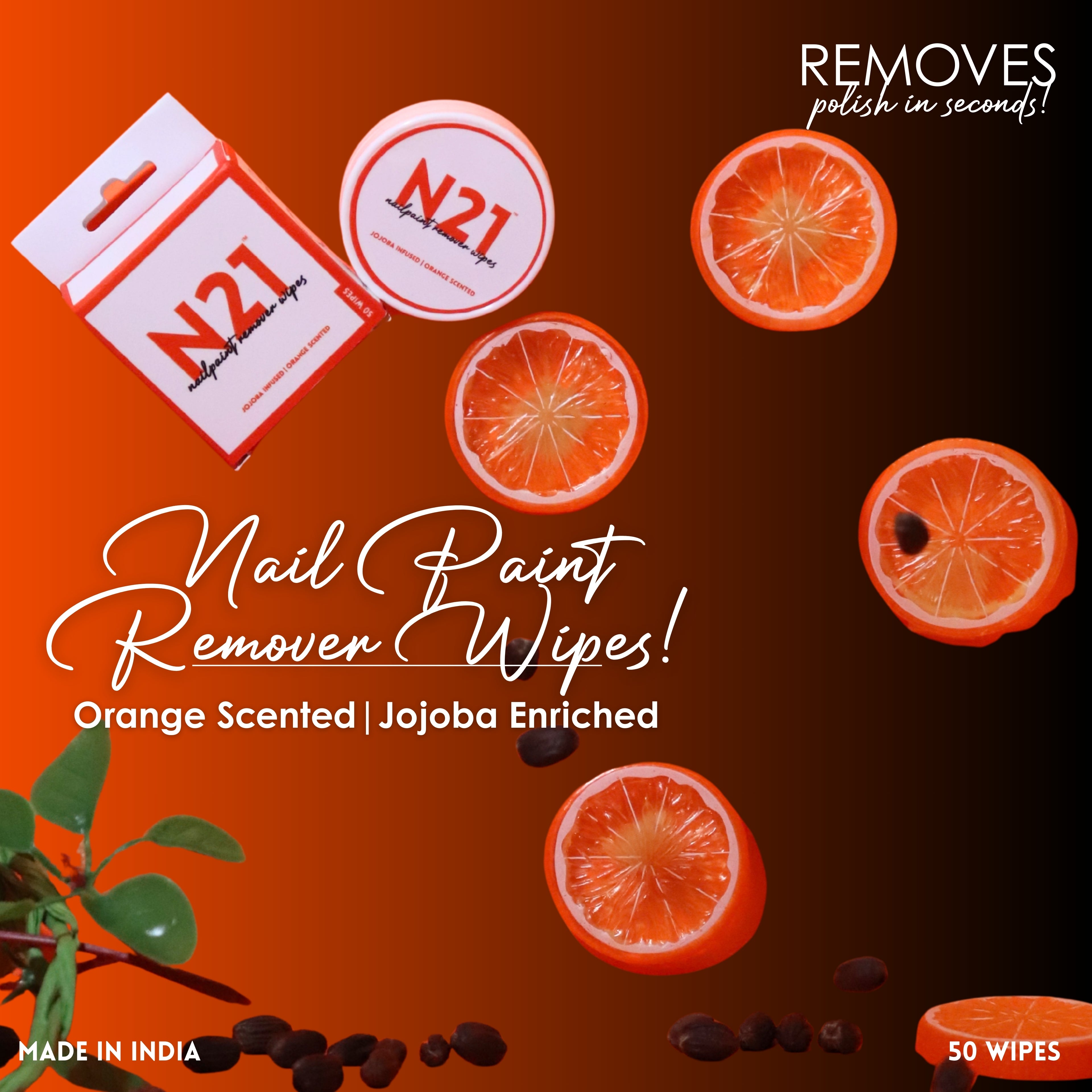 N21 Nail Polish Remover Wipes | Removes Polish in Seconds | Orange Scented + Jojoba | 50 Wipes