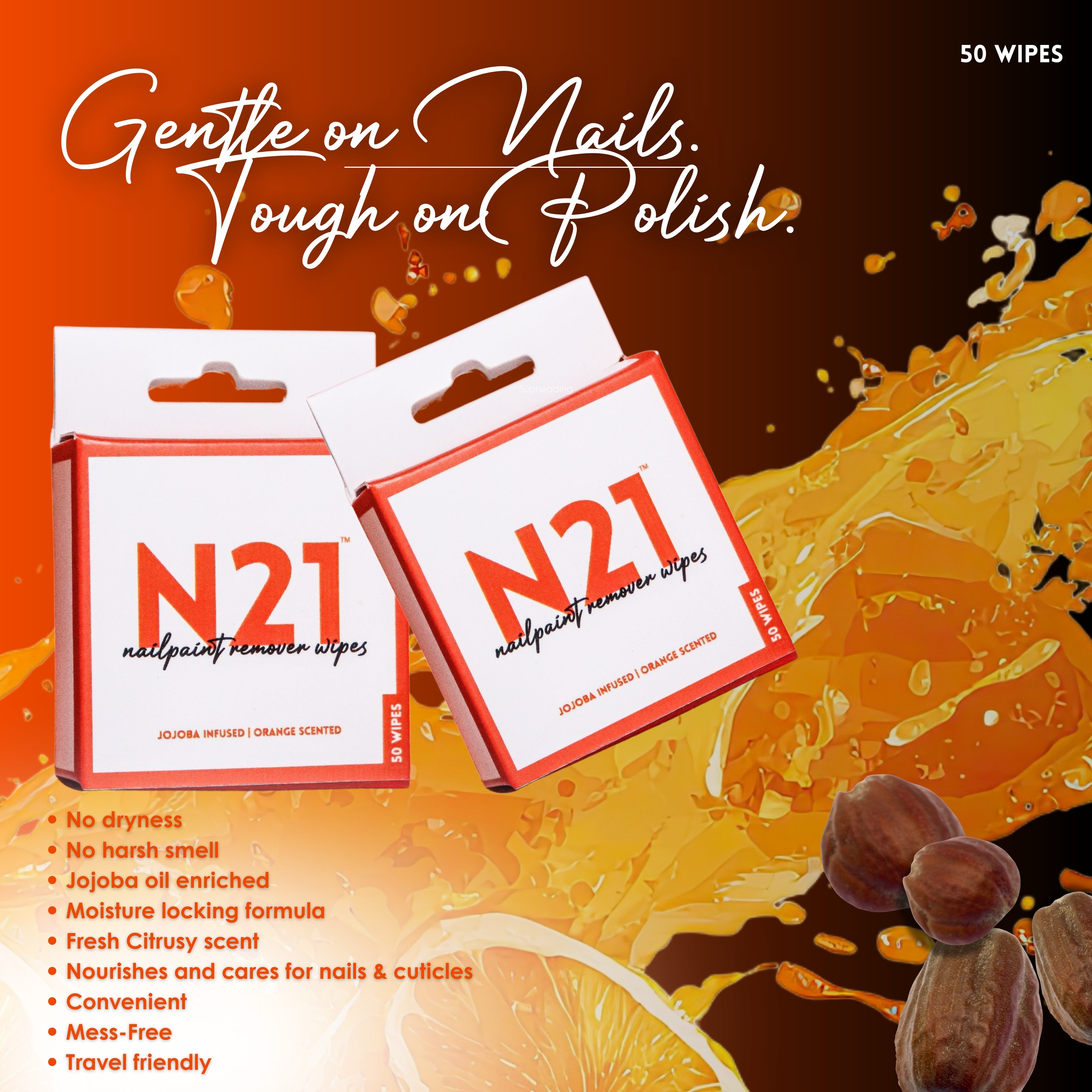 N21 Nail Polish Remover Wipes | Removes Polish in Seconds | Orange Scented + Jojoba | 50 Wipes