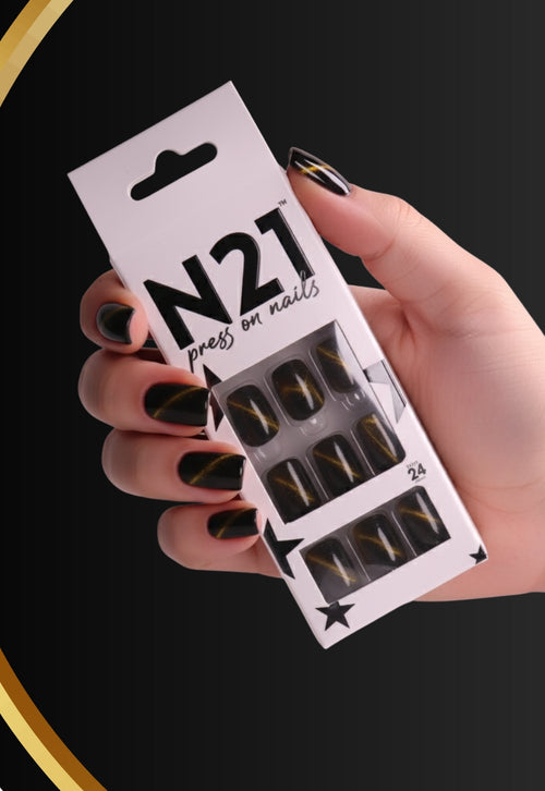 Cat Eye-Tiger Press-On Nails – Black & Gold Cat Eye Effect Nails
