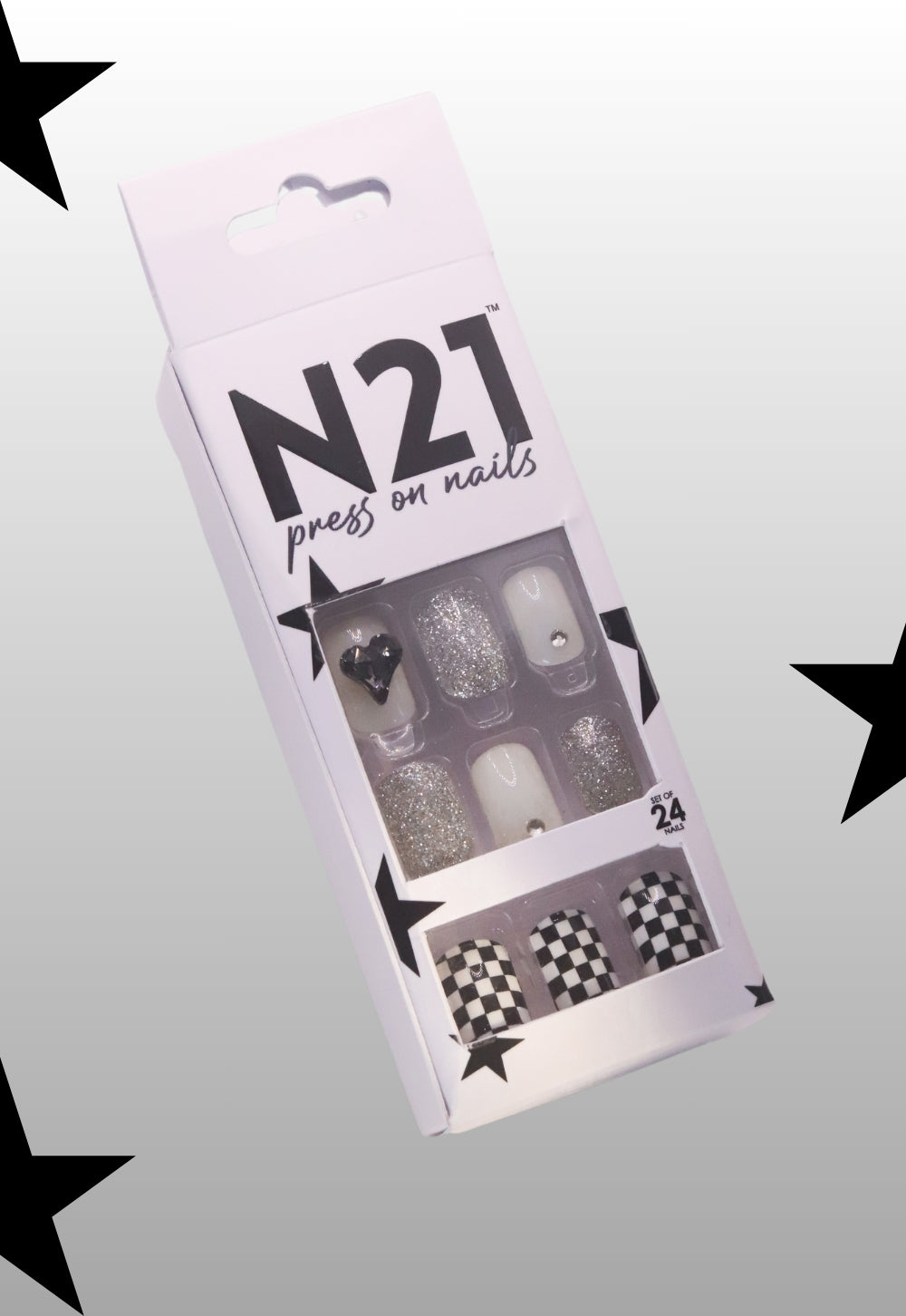 Silverkiss Press-On Nails – Medium Squoval Glittery Silver Nail Art