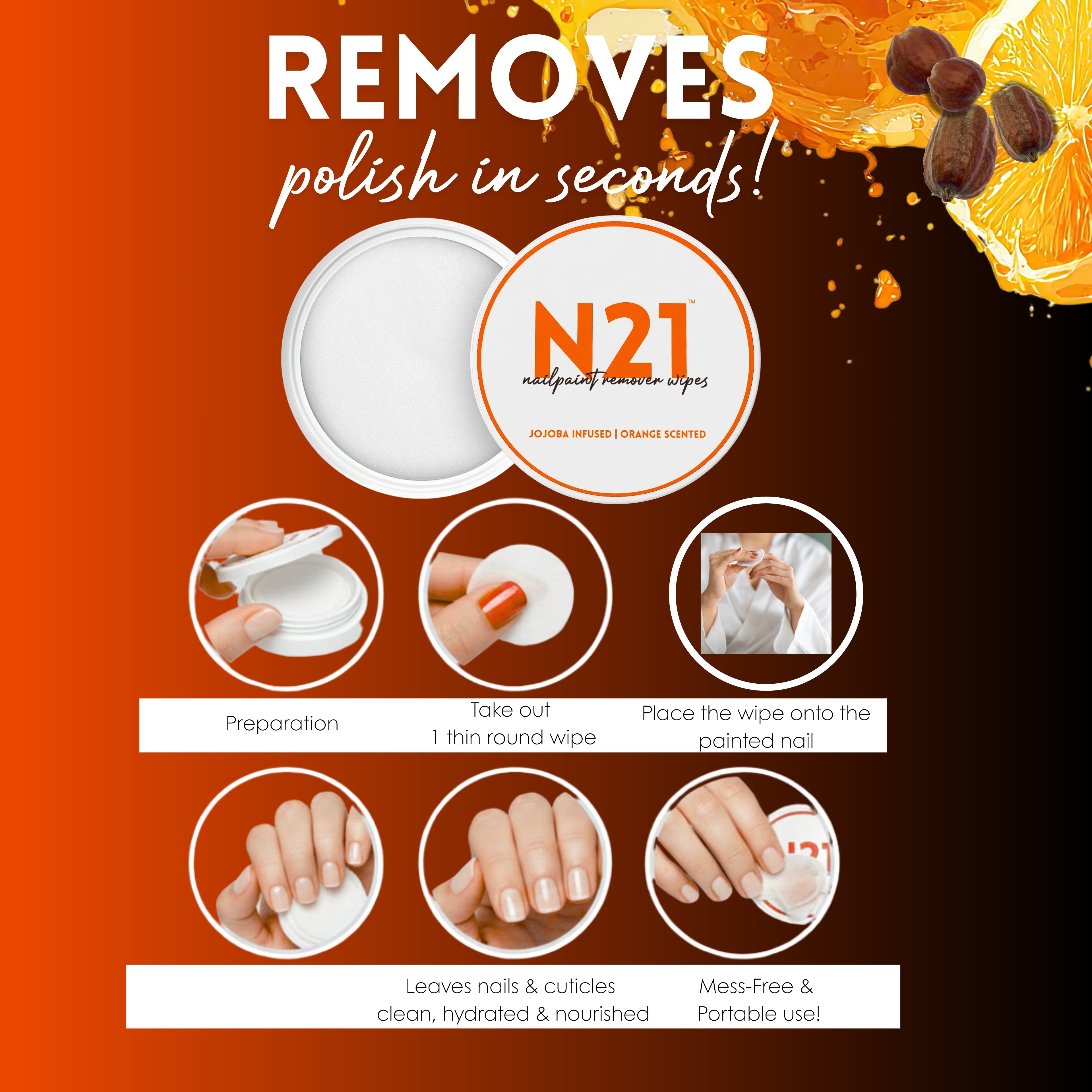 N21 Nail Polish Remover Wipes | Removes Polish in Seconds | Orange Scented + Jojoba | 50 Wipes