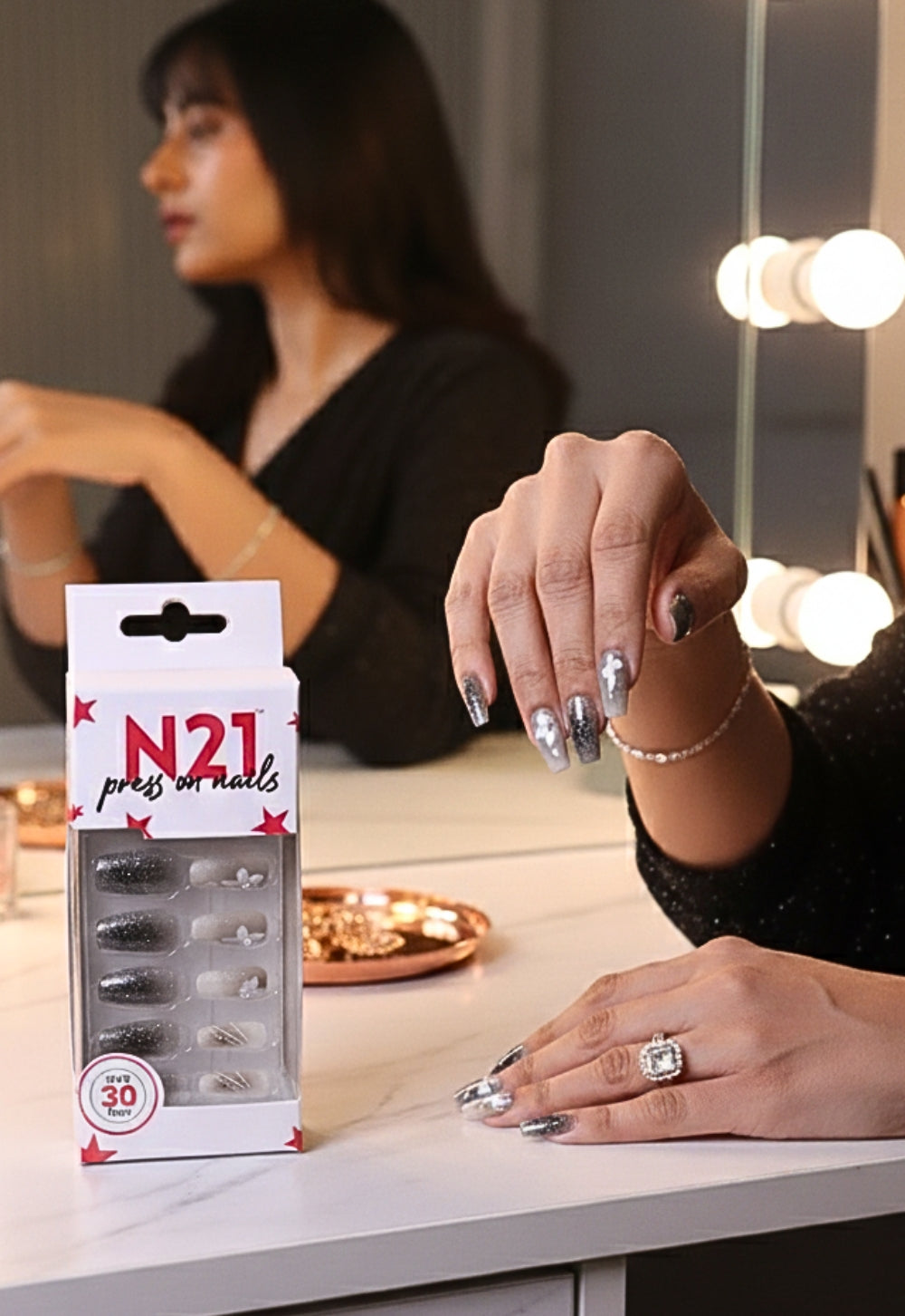 Silver Petal Press-On Nails (Set of 30) | Elegant Nude & Silver Chrome Nails