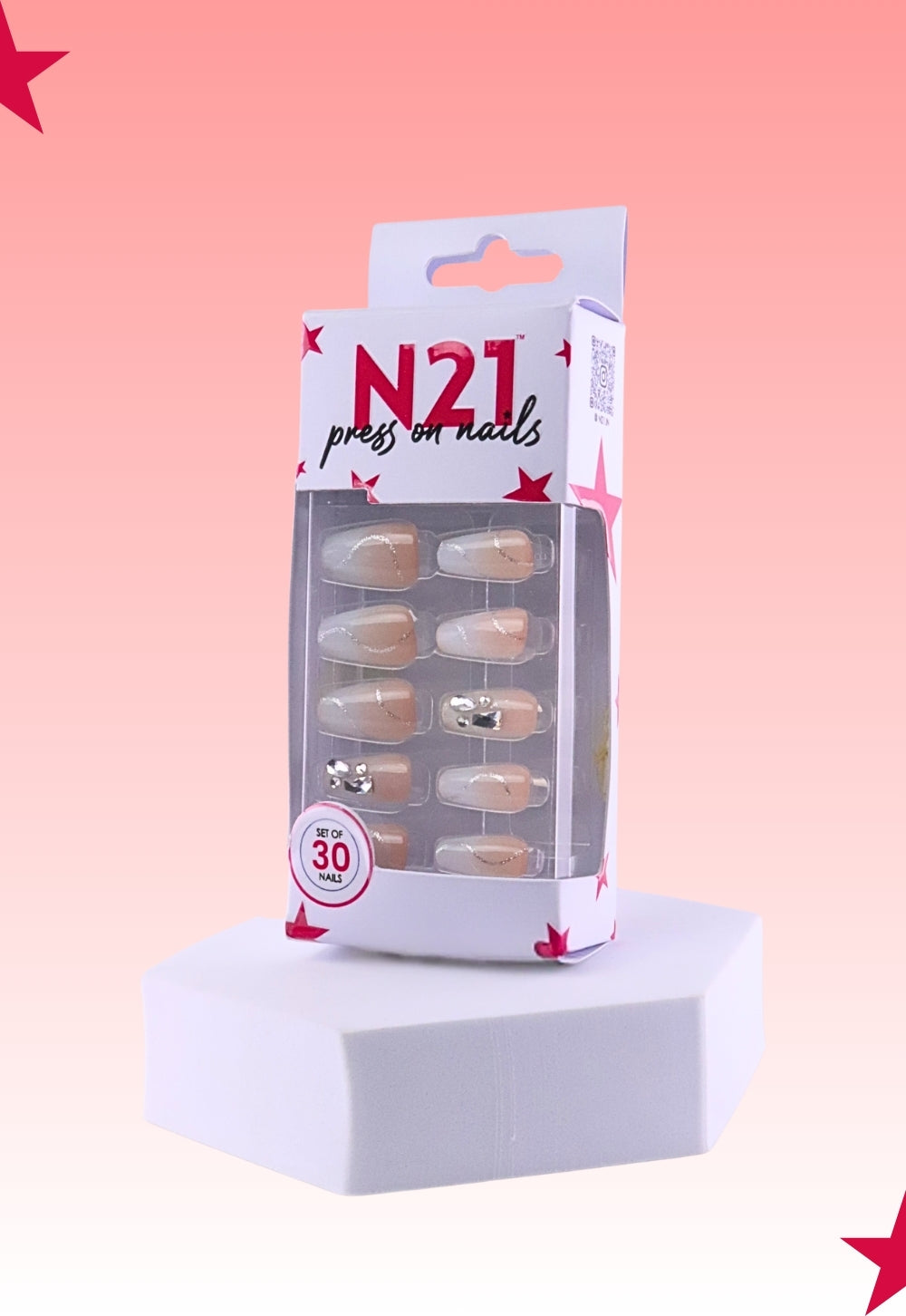 Glazed Diamond Press-On Nails | Nude Glossy Nails with Crystal Accents | Set of 30